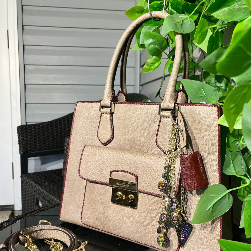 Burgundy & Taupe Leather Medium Michael Kors Purse W/Charm